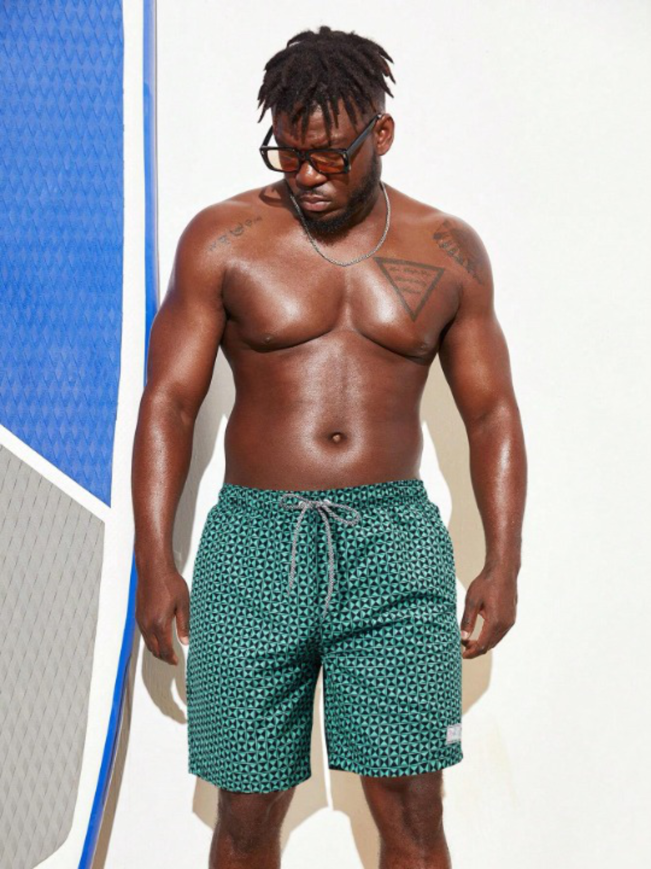 Geometric Graphic Letter Patched Swim Trunks-Waves And Trunks