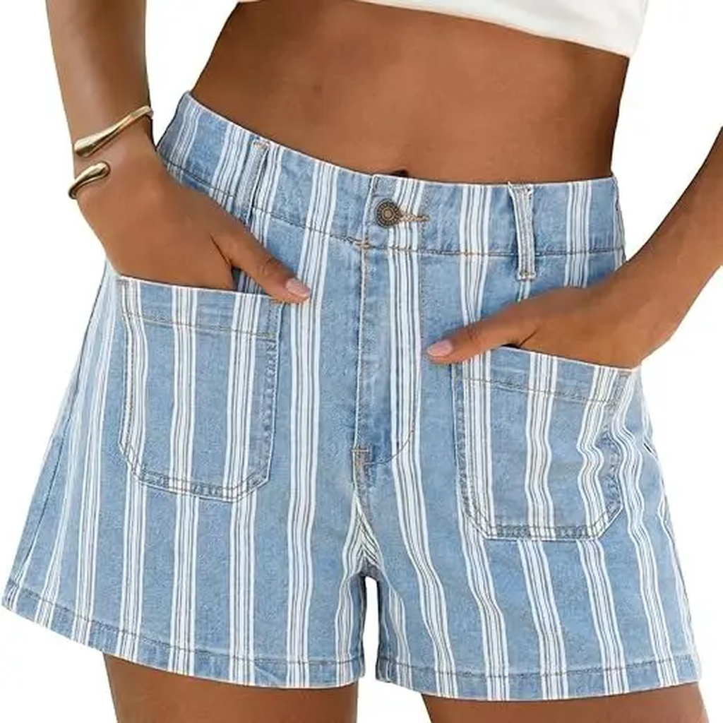 Casual Beach Vacation Striped Denim Shorts For Women