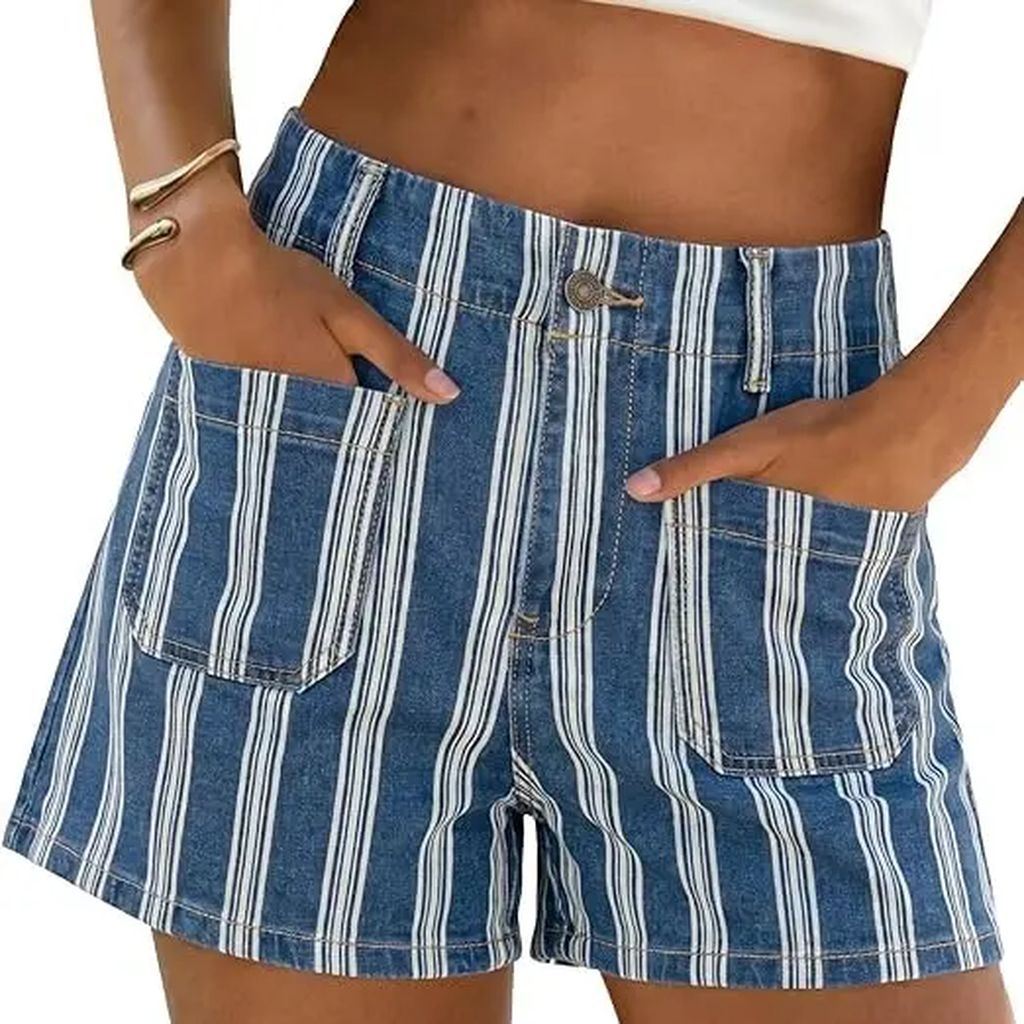 Casual Beach Vacation Striped Denim Shorts For Women