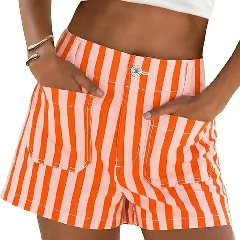 Casual Beach Vacation Striped Denim Shorts For Women