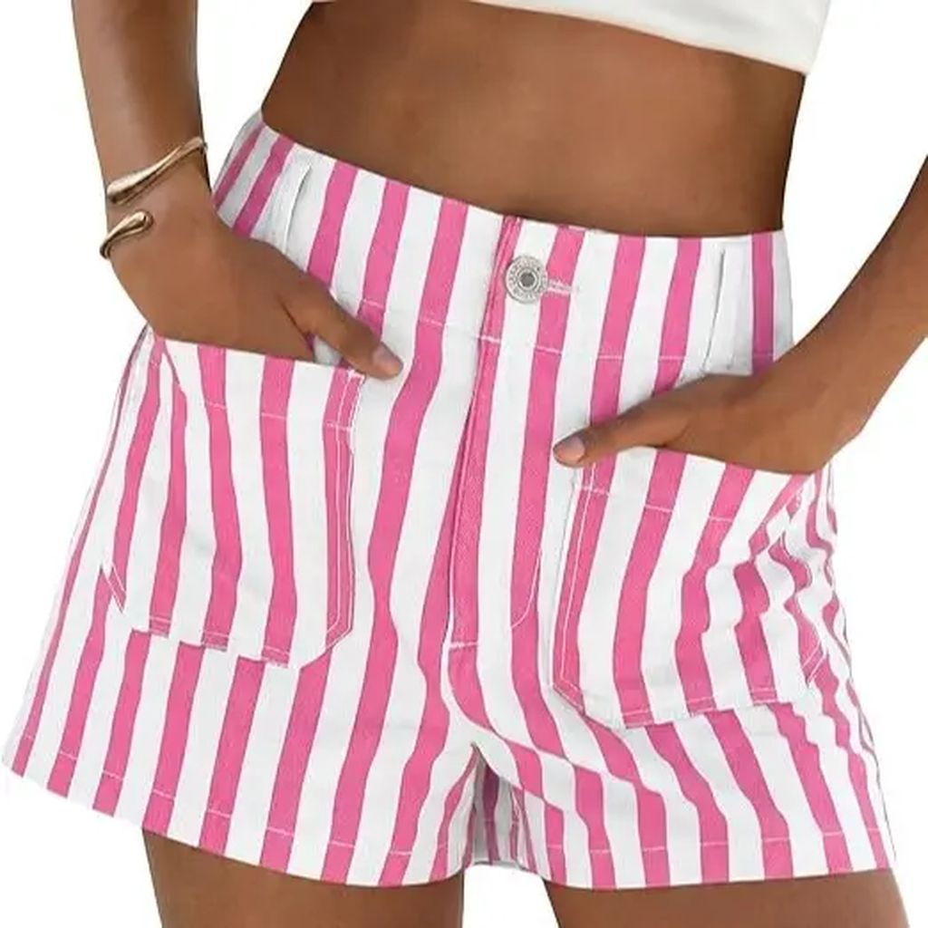 Casual Beach Vacation Striped Denim Shorts For Women