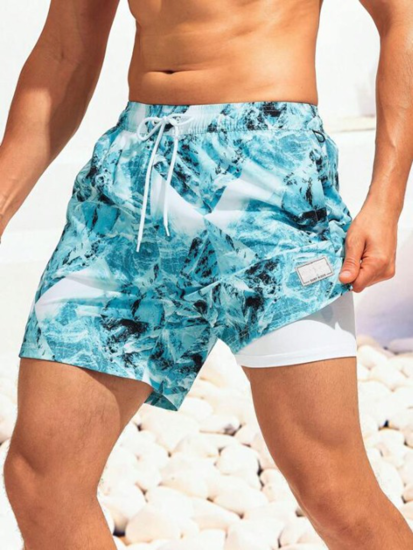 Patched Detail Drawstring Waist 2 In 1 Swim Trunks-Waves And Trunks