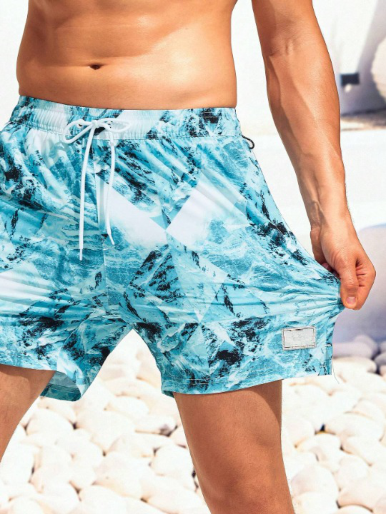 Patched Detail Drawstring Waist 2 In 1 Swim Trunks-Waves And Trunks