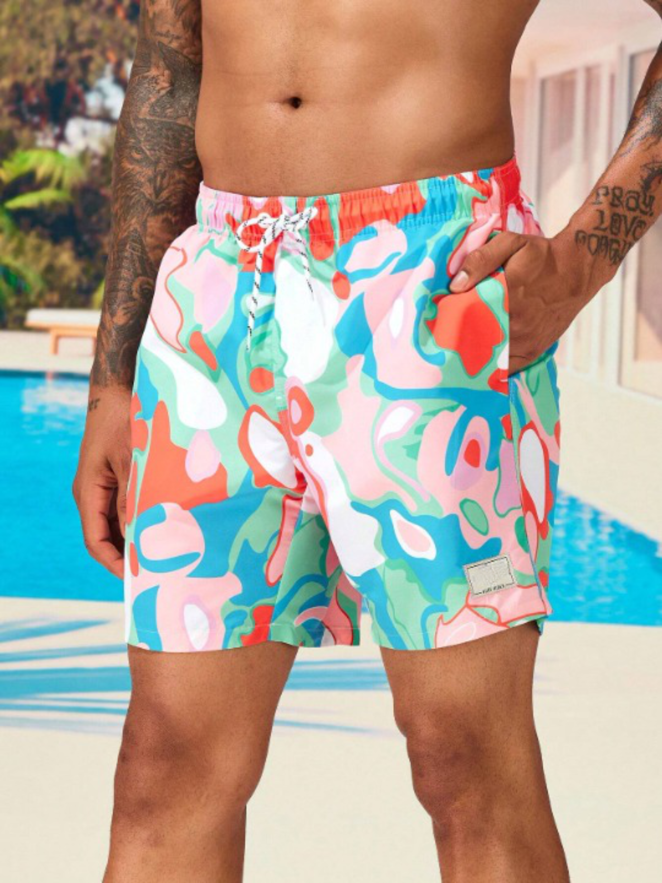 Letter Patched Allover Print Drawstring Swim Trunks-Waves And Trunks