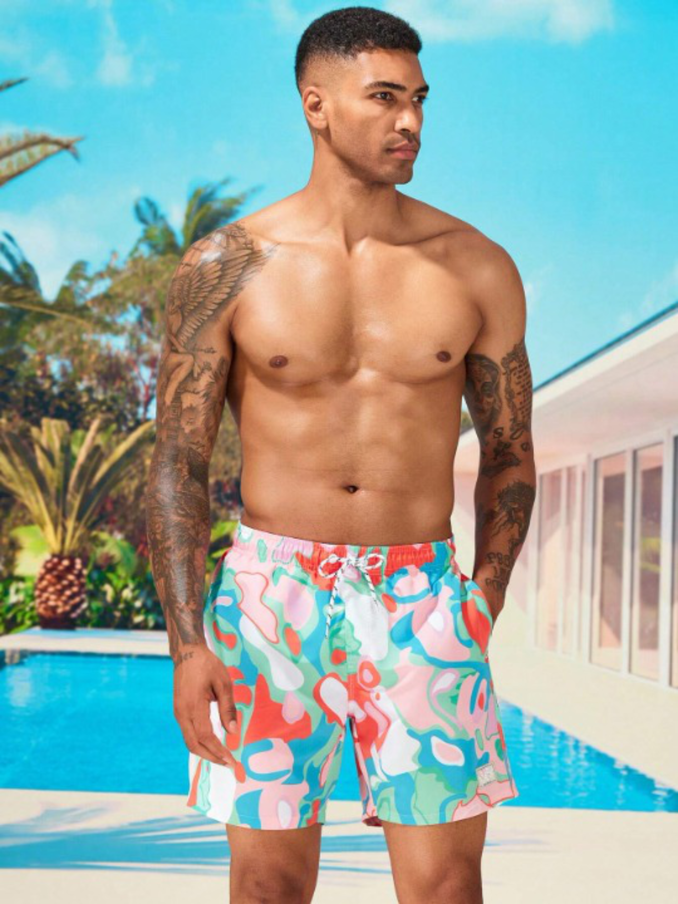 Letter Patched Allover Print Drawstring Swim Trunks-Waves And Trunks
