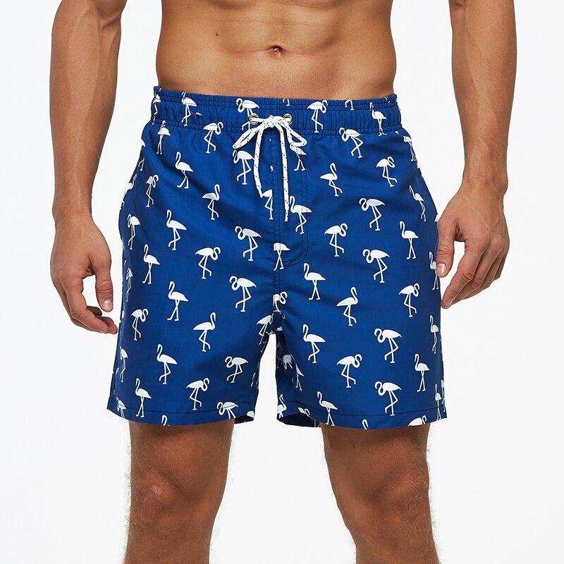 Men's White Flamingo Quick-Dry Beach Swim Shorts-Waves And Trunks