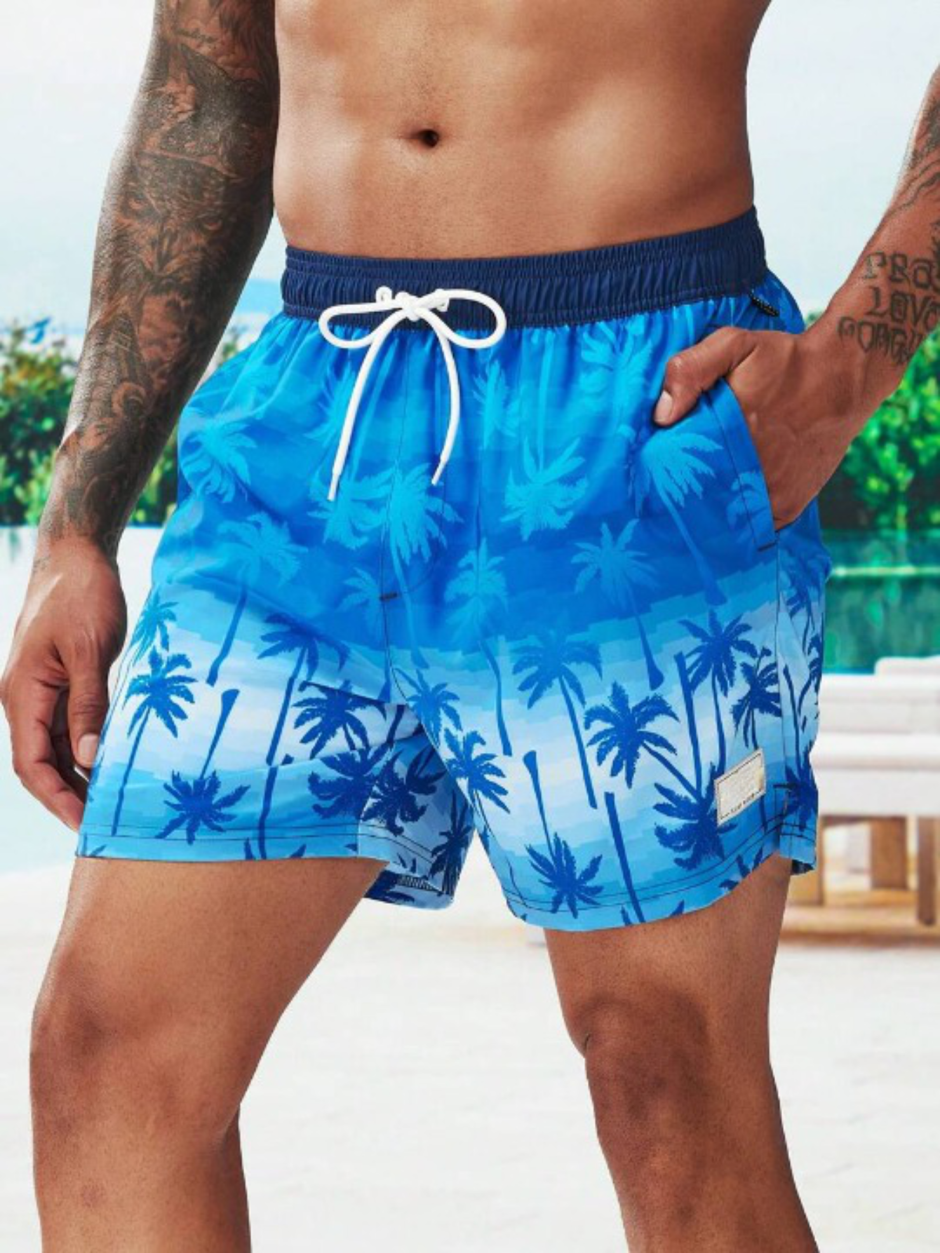 Tropical Print 2 In 1 Drawstring Waist Pocket Swim Trunks-Waves And Trunks