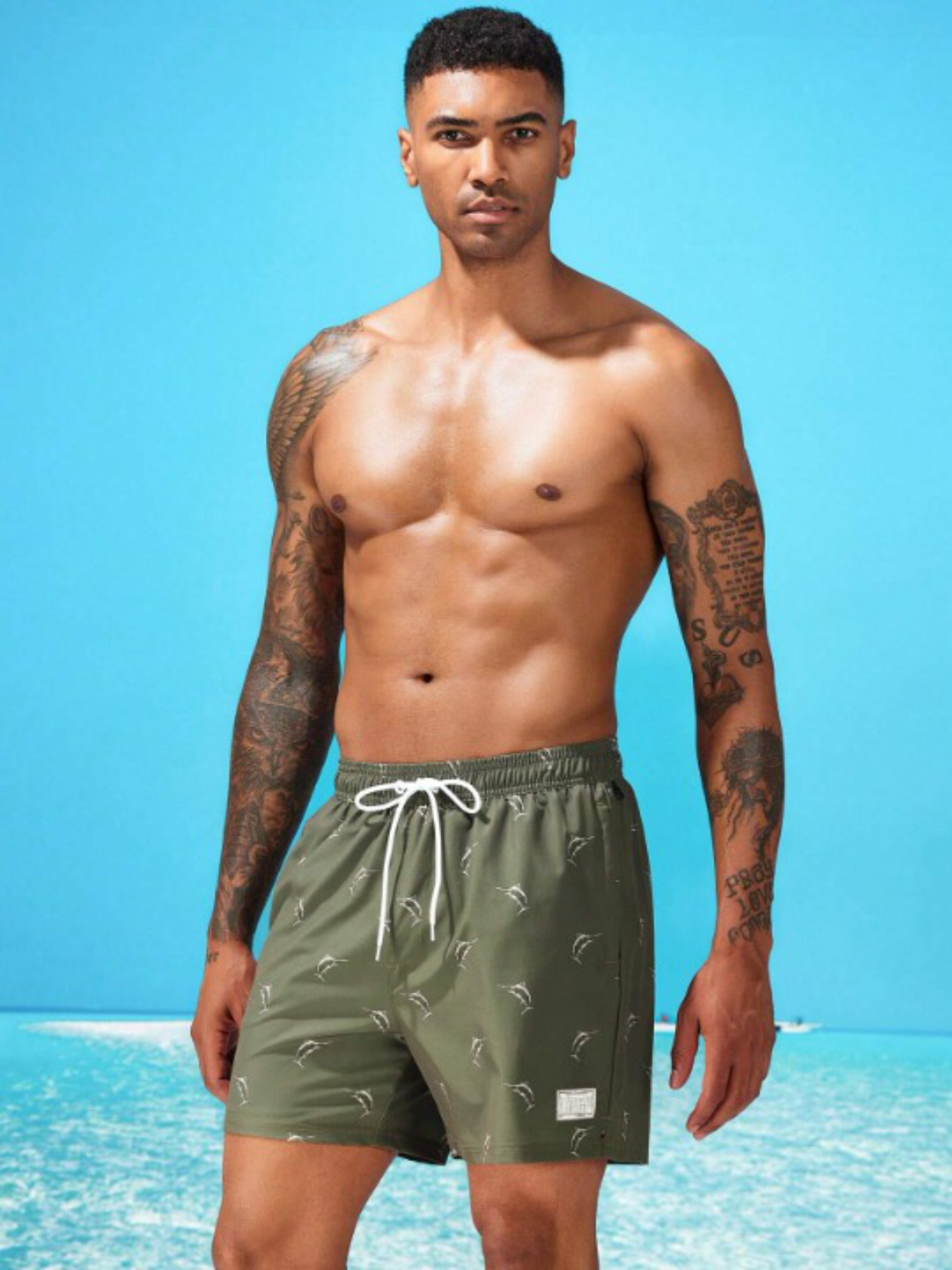 Print Drawstring Trunks With Compression Liner-Waves And Trunks