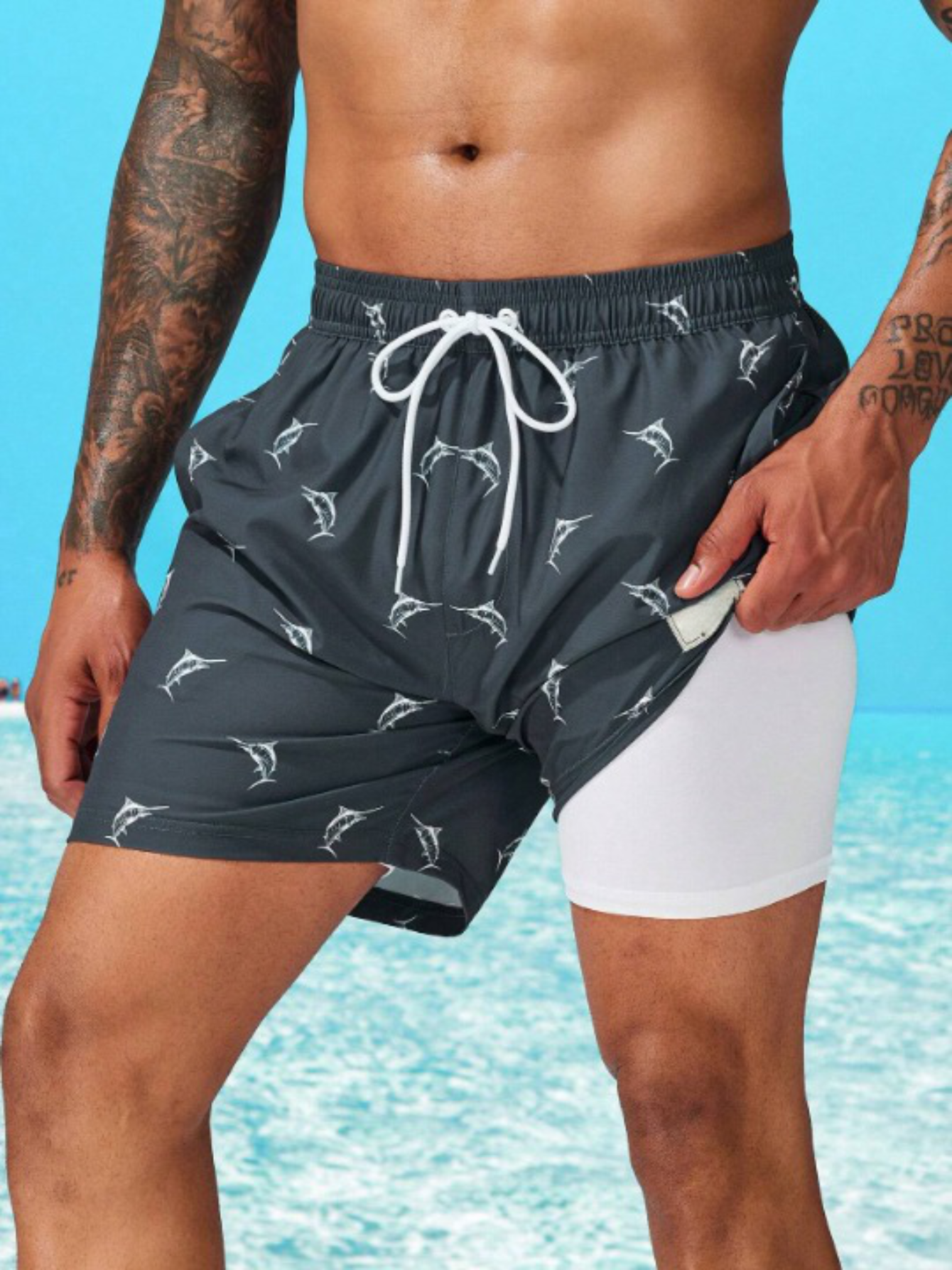 Print Drawstring Trunks With Compression Liner-Waves And Trunks