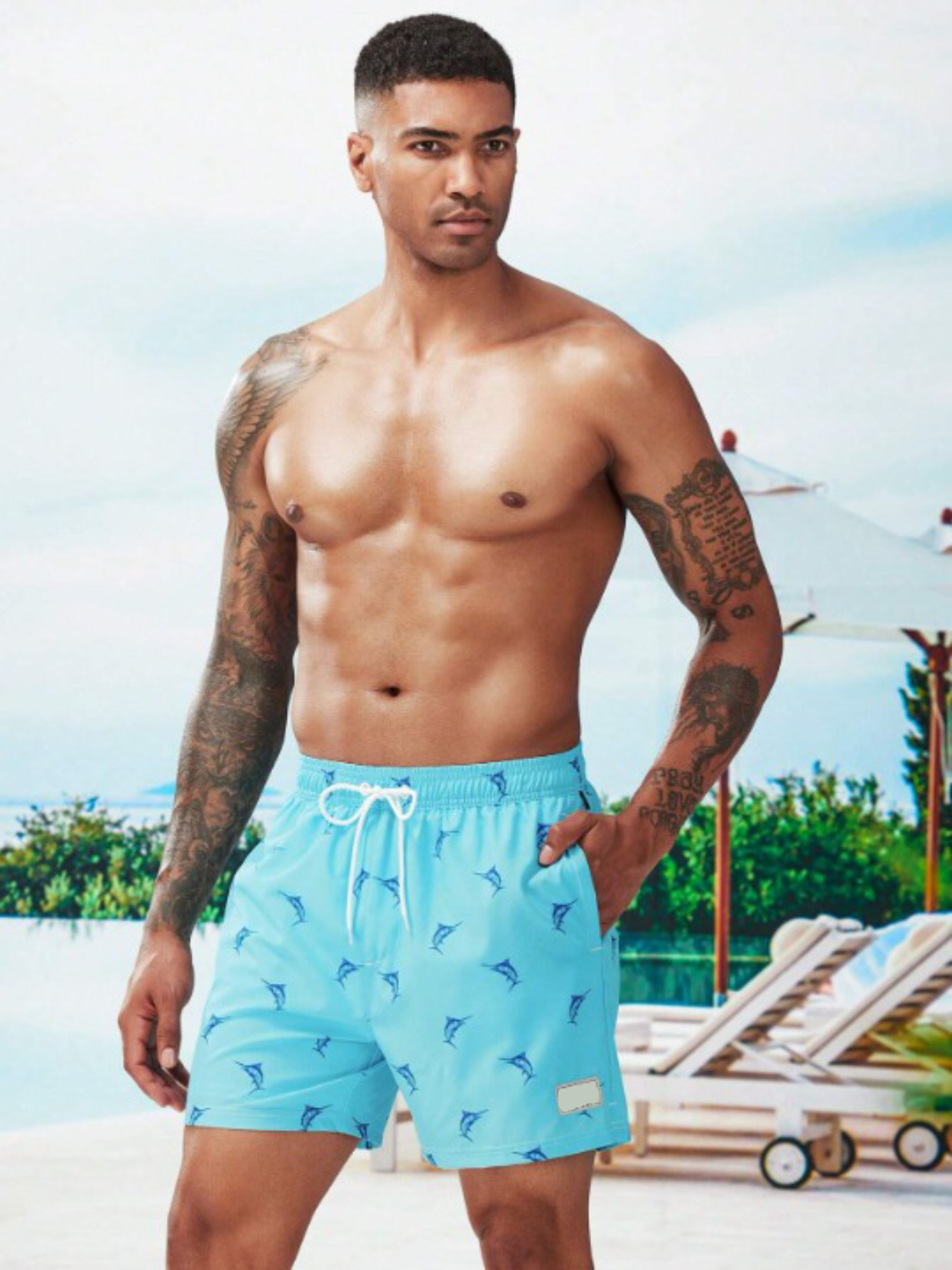 Print Drawstring Trunks With Compression Liner-Waves And Trunks