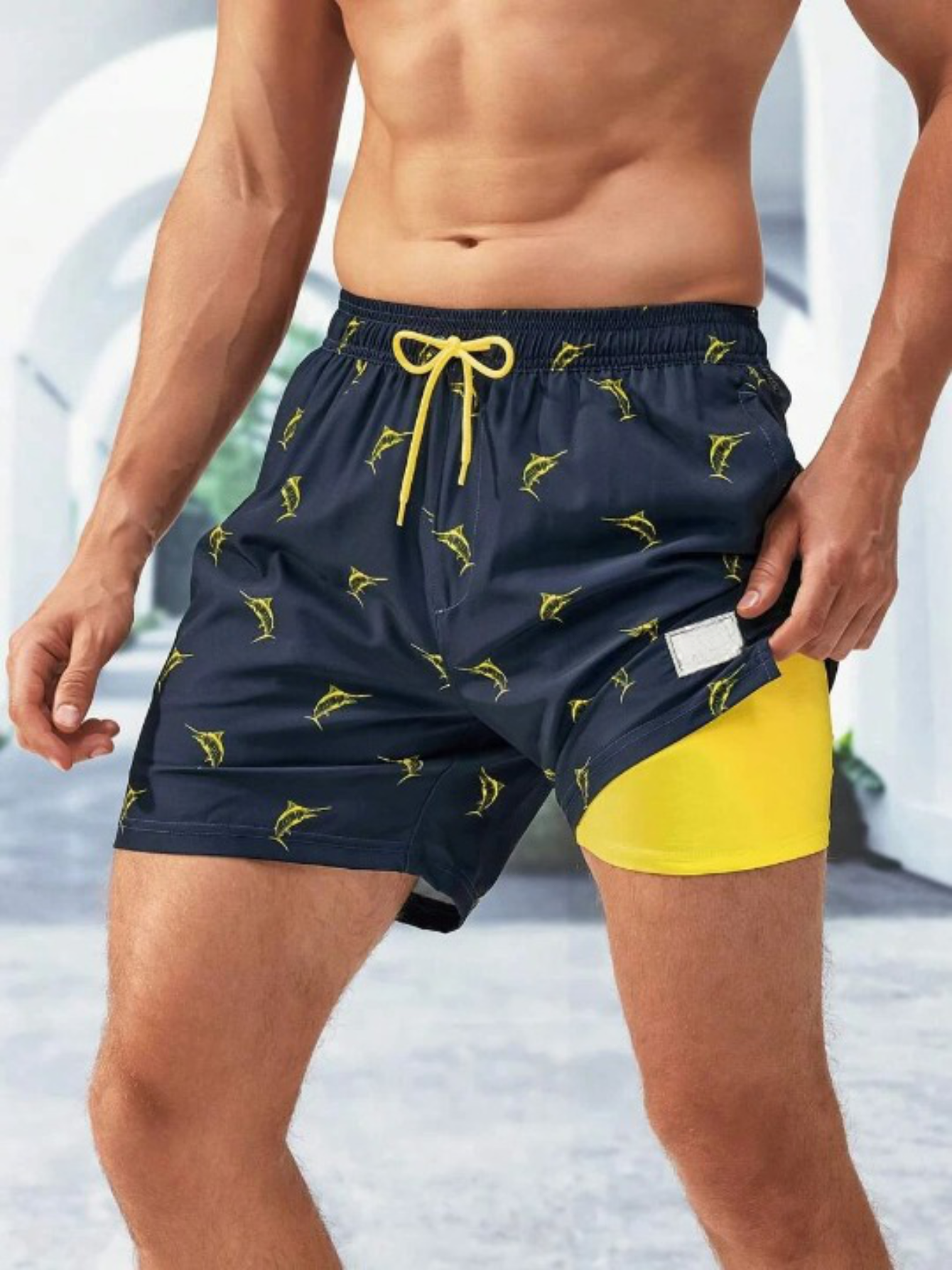 Print Drawstring Trunks With Compression Liner-Waves And Trunks