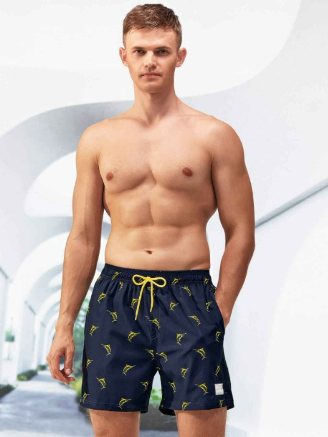 Print Drawstring Trunks With Compression Liner-Waves And Trunks