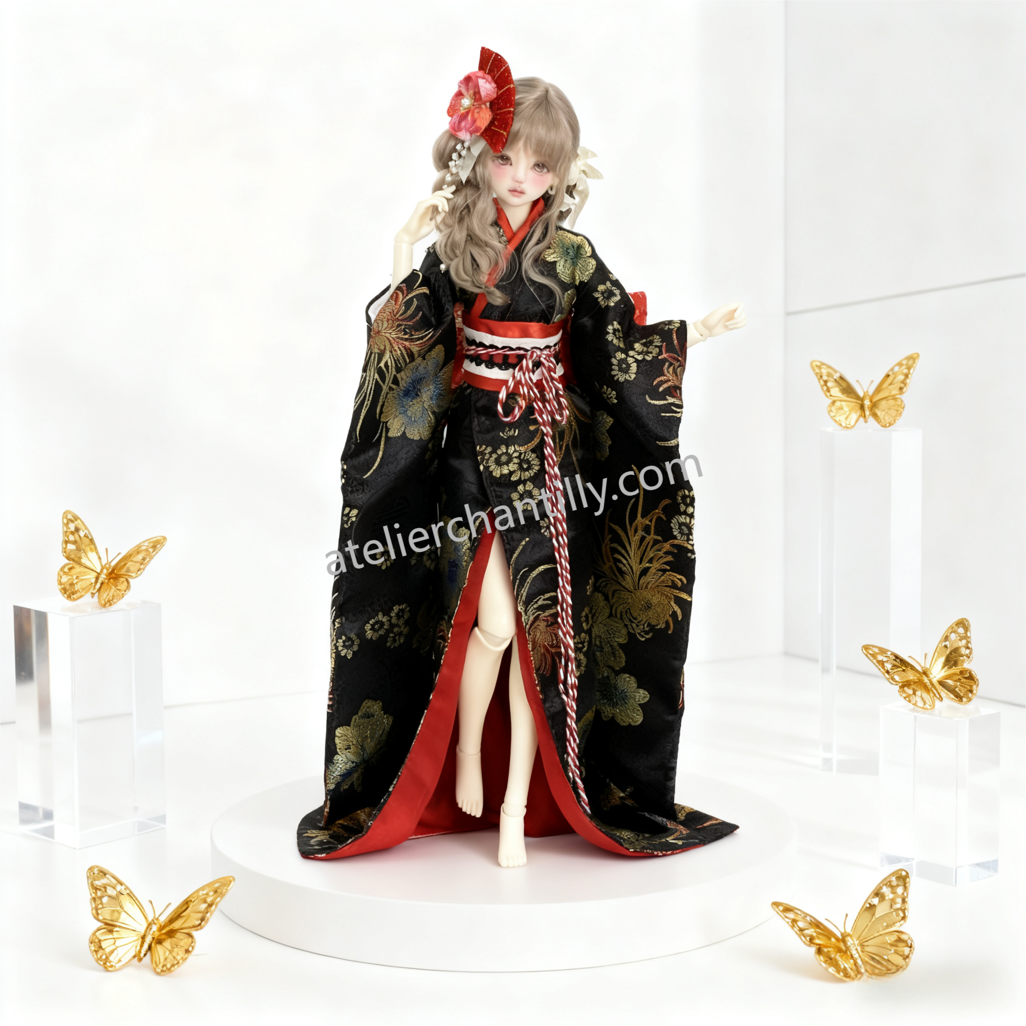 Luxurious Black Floral Kimono BJD Doll Outfit, Perfect for 1/4 Scale Dolls, Exquisite Details --A02-Atelier Chantilly