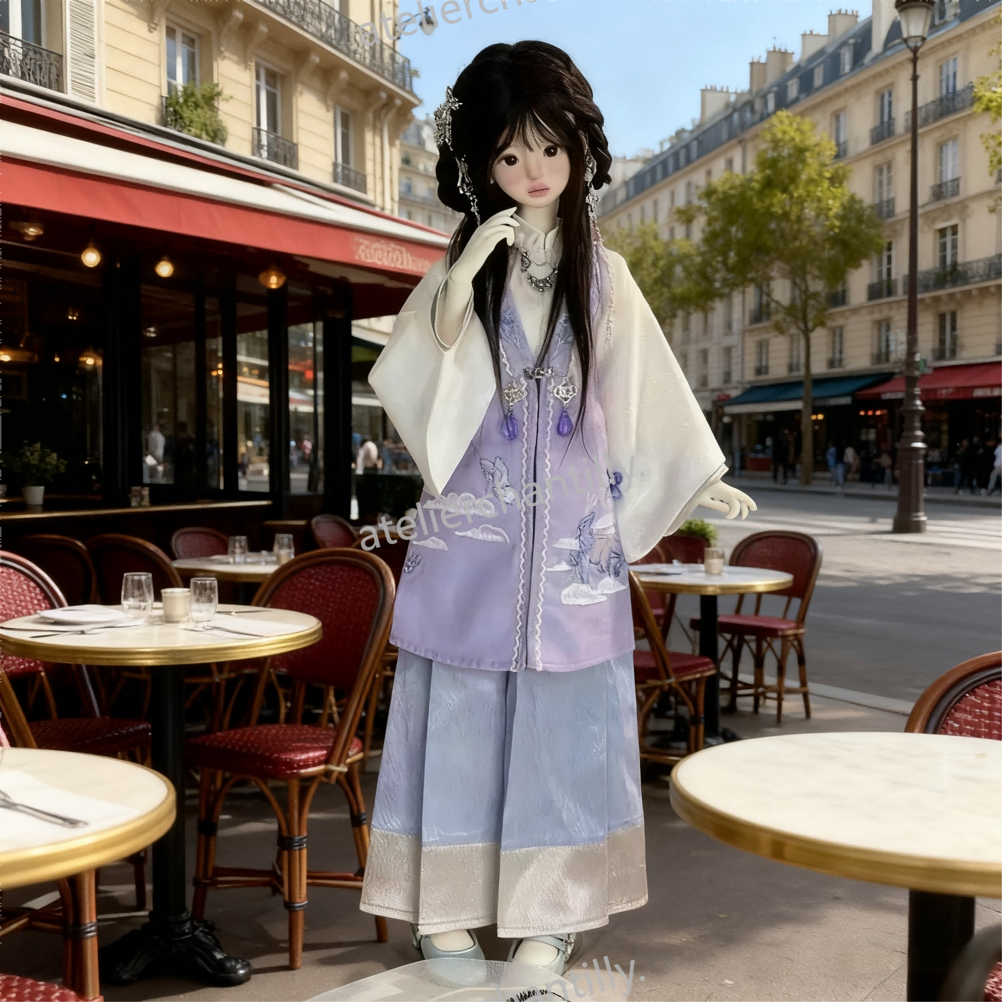 1/4 BJD doll in pastel purple hanfu outfit at a Parisian café terrace - Atelier Chantilly