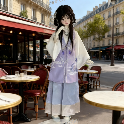 1/4 BJD doll in pastel purple hanfu outfit at a Parisian café terrace - Atelier Chantilly