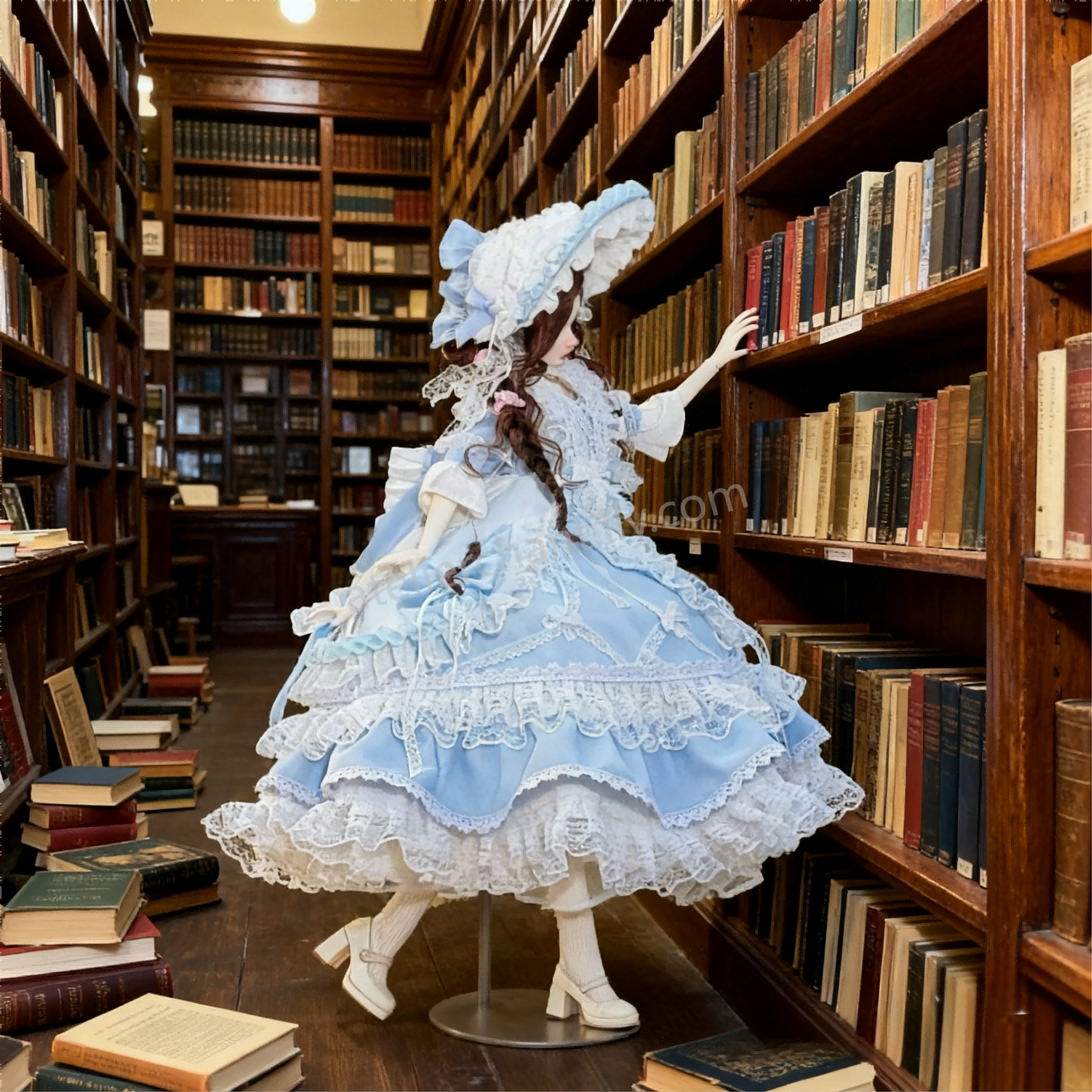 1/4 BJD doll in powder blue classic Lolita outfit at a vintage library - Atelier Chantilly