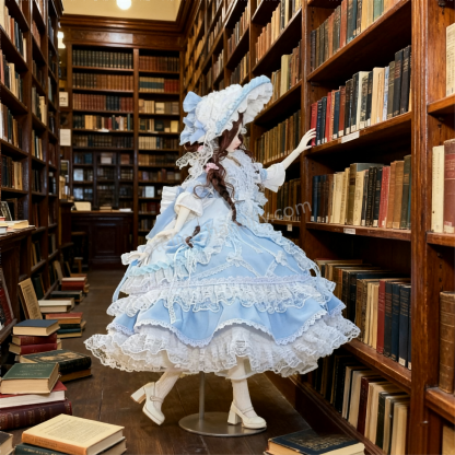 1/4 BJD doll in powder blue classic Lolita outfit at a vintage library - Atelier Chantilly