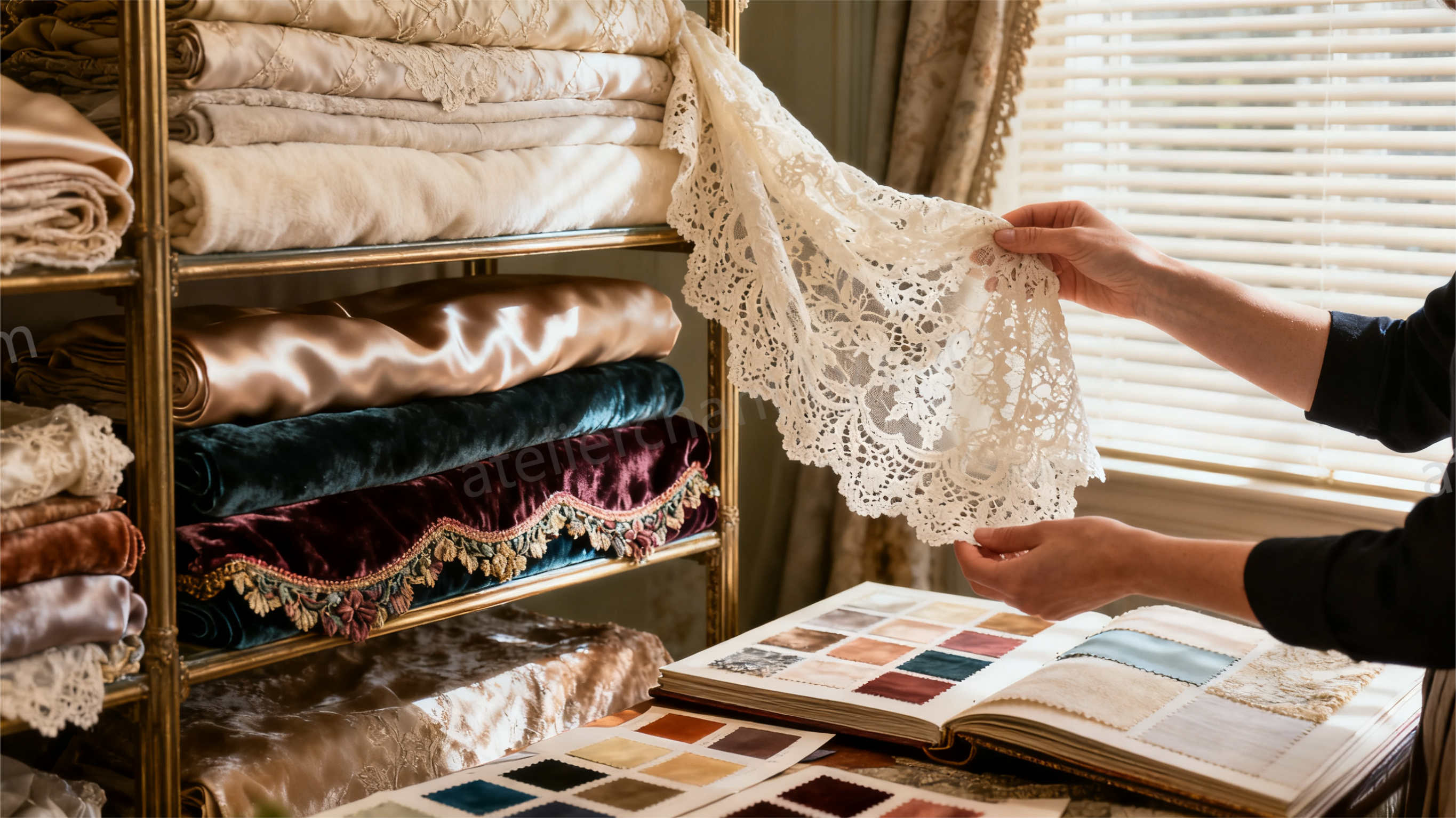 high-quality fabric selection for BJD clothes - Atelier Chantilly luxury materials (lace silk cotton velvet)