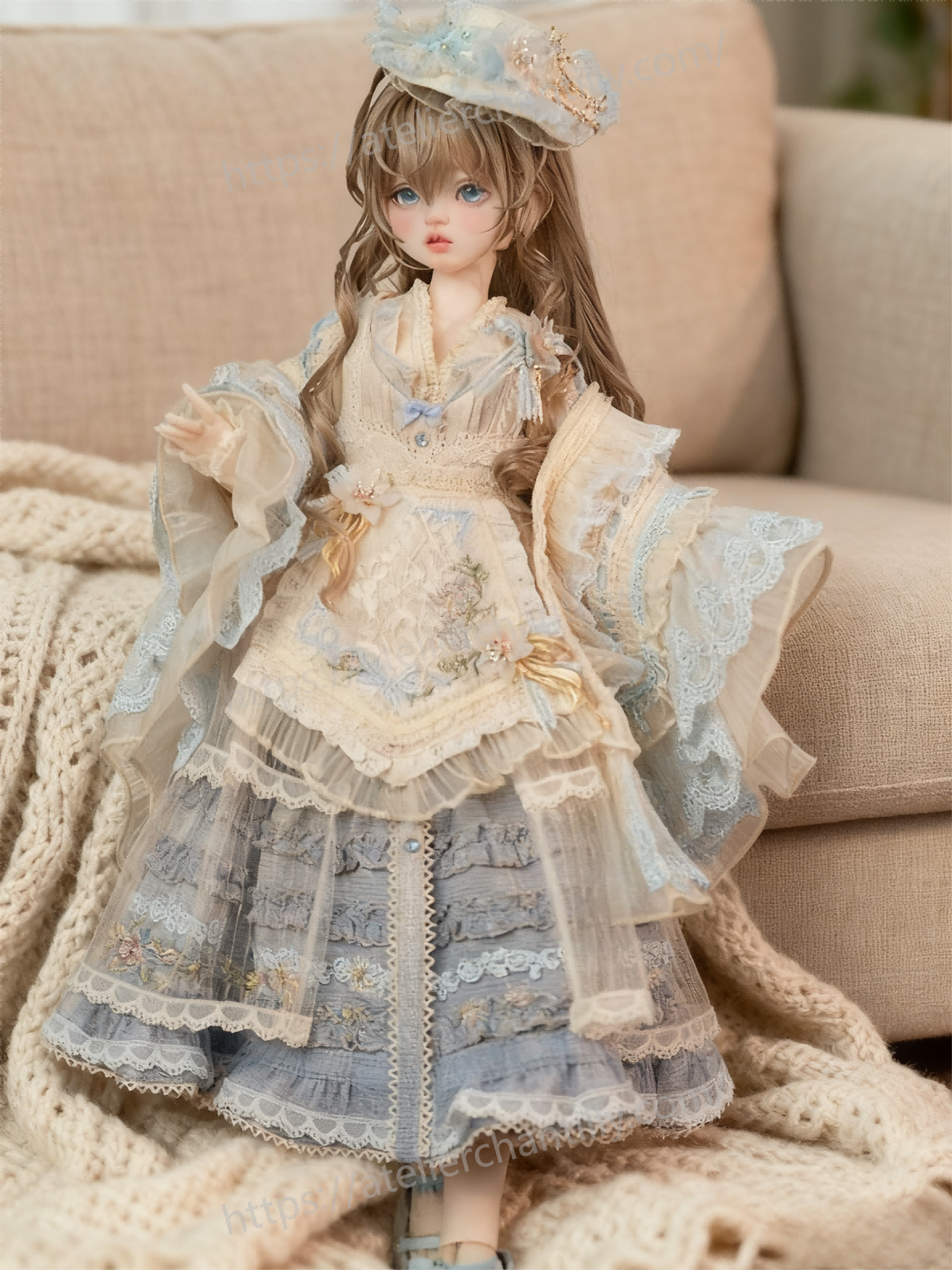 Luxury lace-embroidered Lolita outfit for 1/4 BJD dolls on a beige sofa - Atelier Chantilly