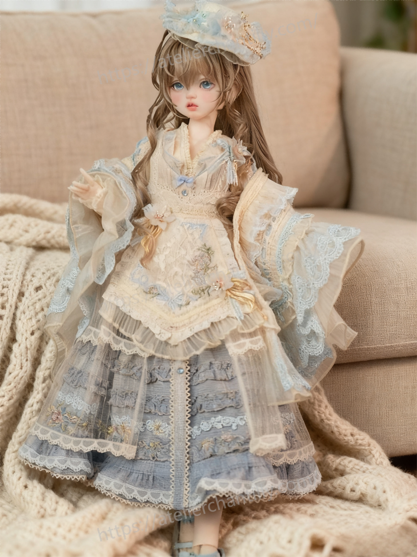 Luxury lace-embroidered Lolita outfit for 1/4 BJD dolls on a beige sofa - Atelier Chantilly