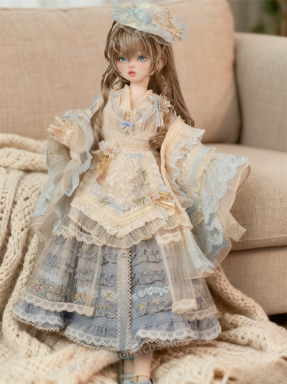 Luxury lace-embroidered Lolita outfit for 1/4 BJD dolls on a beige sofa - Atelier Chantilly