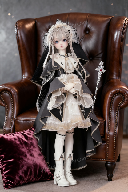 Gothic religious Lolita outfit for 1/4 BJD dolls on a brown leather armchair - Atelier Chantilly