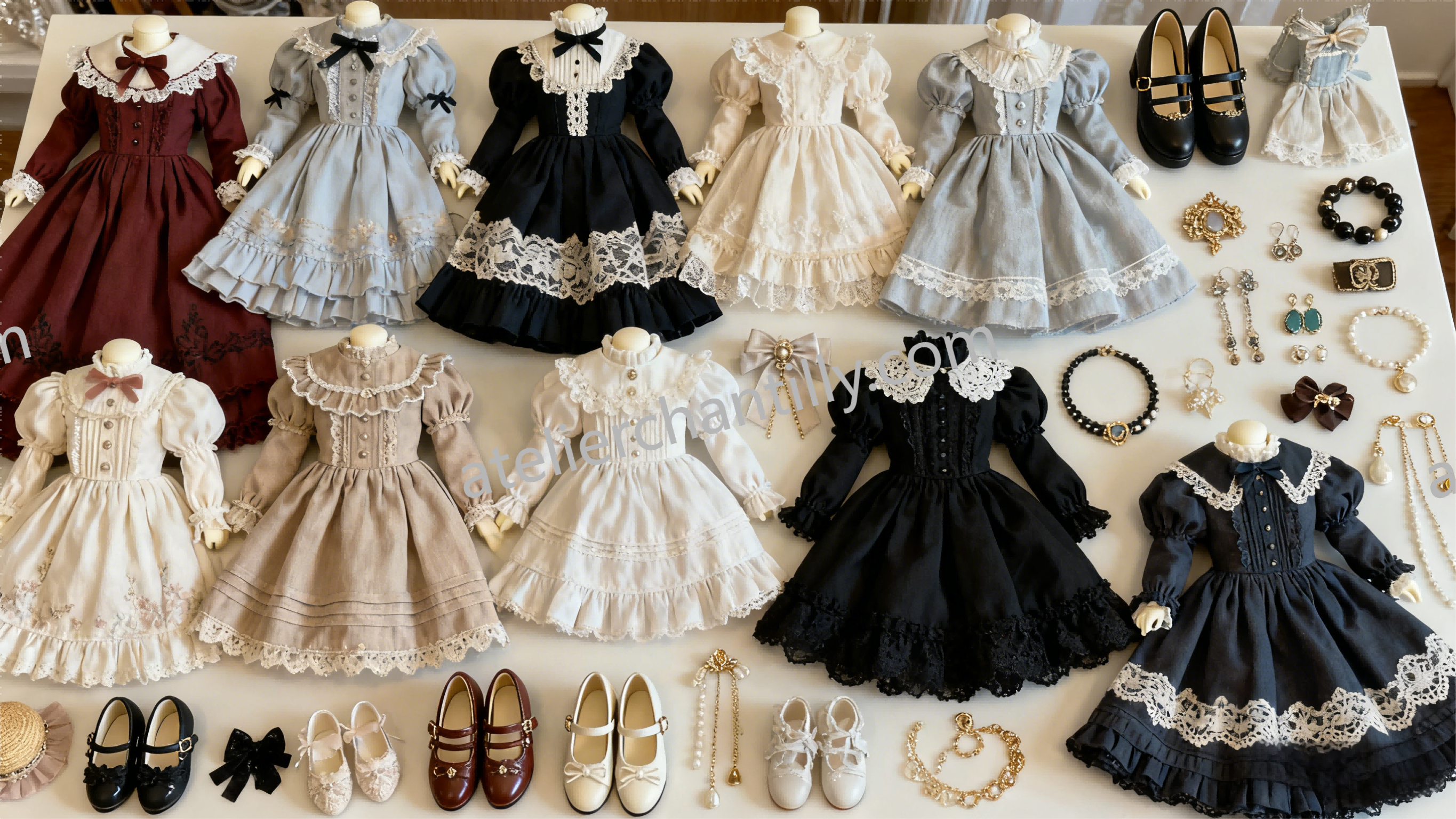 Flat lay of essential BJD clothing pieces including tops, skirts, sweaters, and jackets