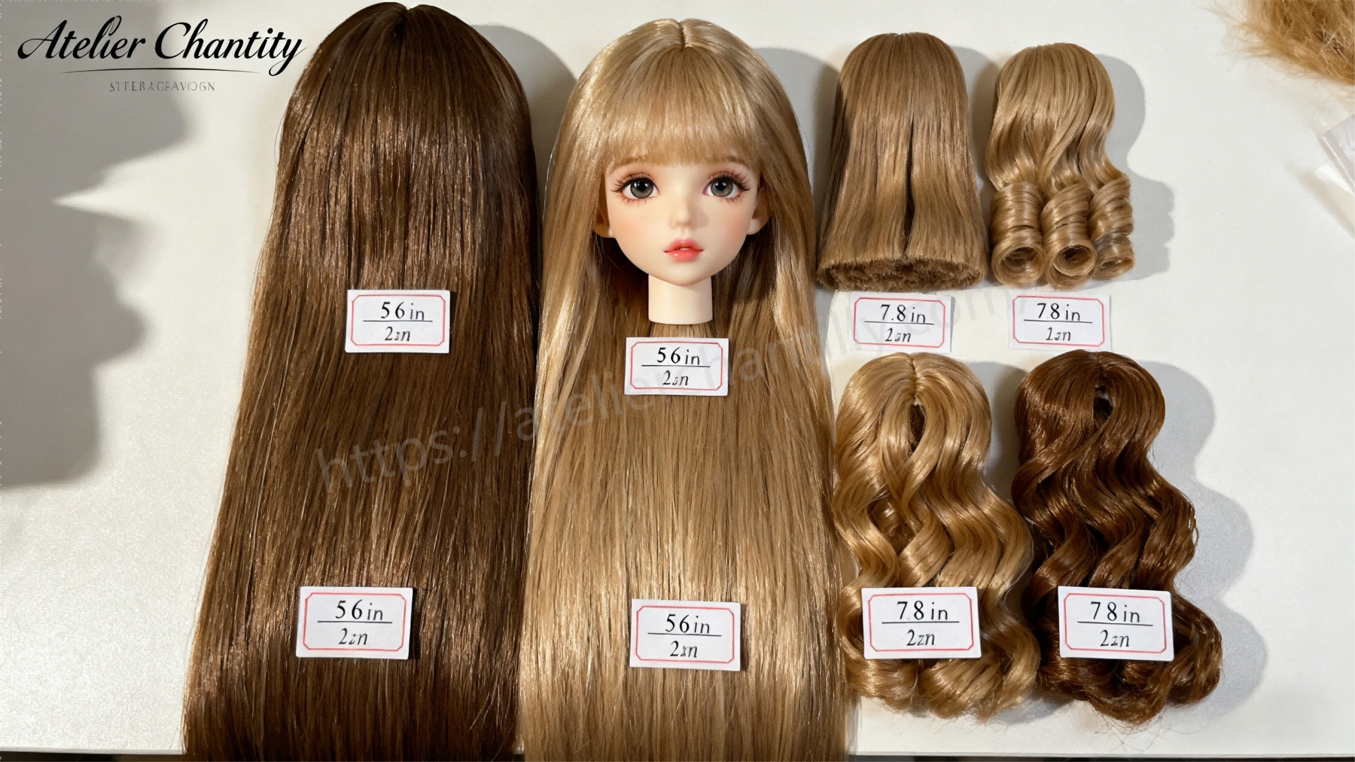 Display of BJD wig sizes labeled 5-6, 7-8, and 8-9 inches
