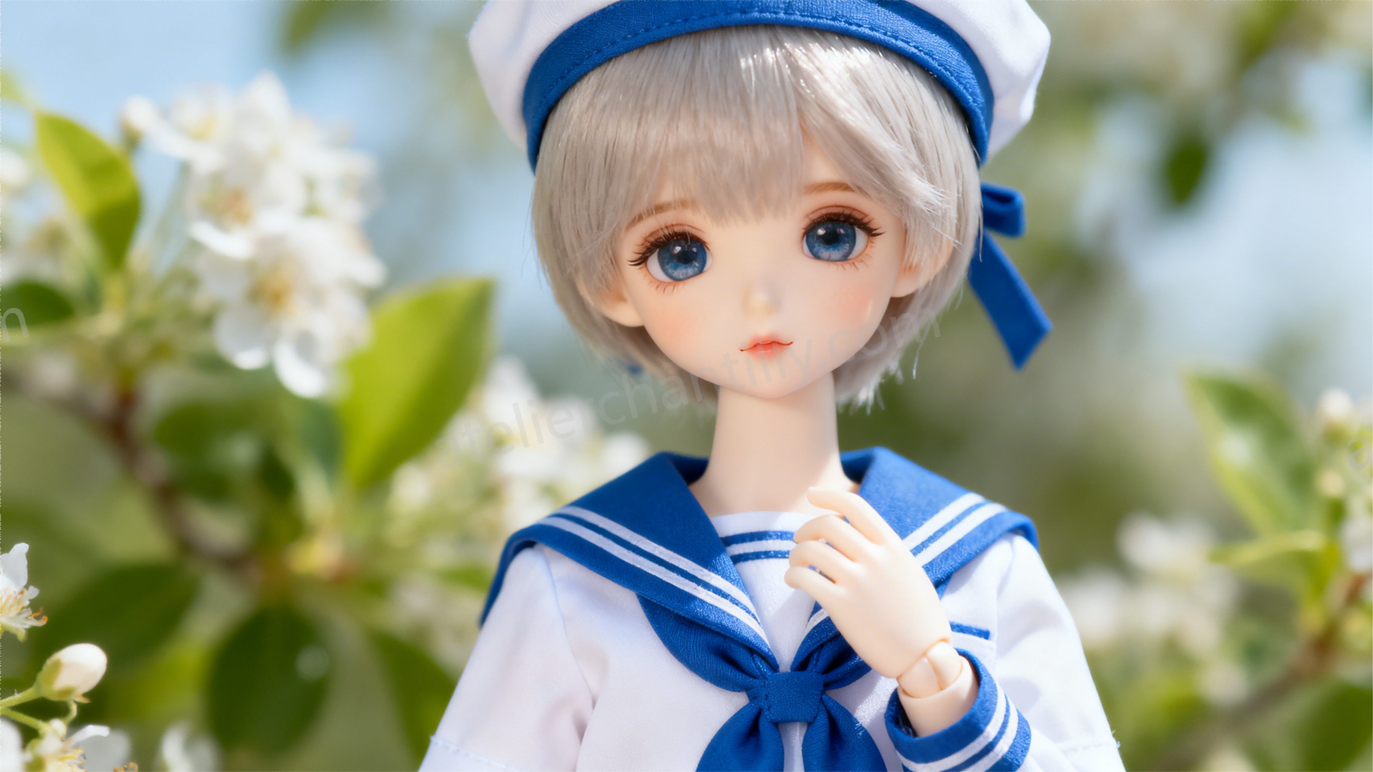 BJD doll wearing classic Japanese sailor-style school uniform