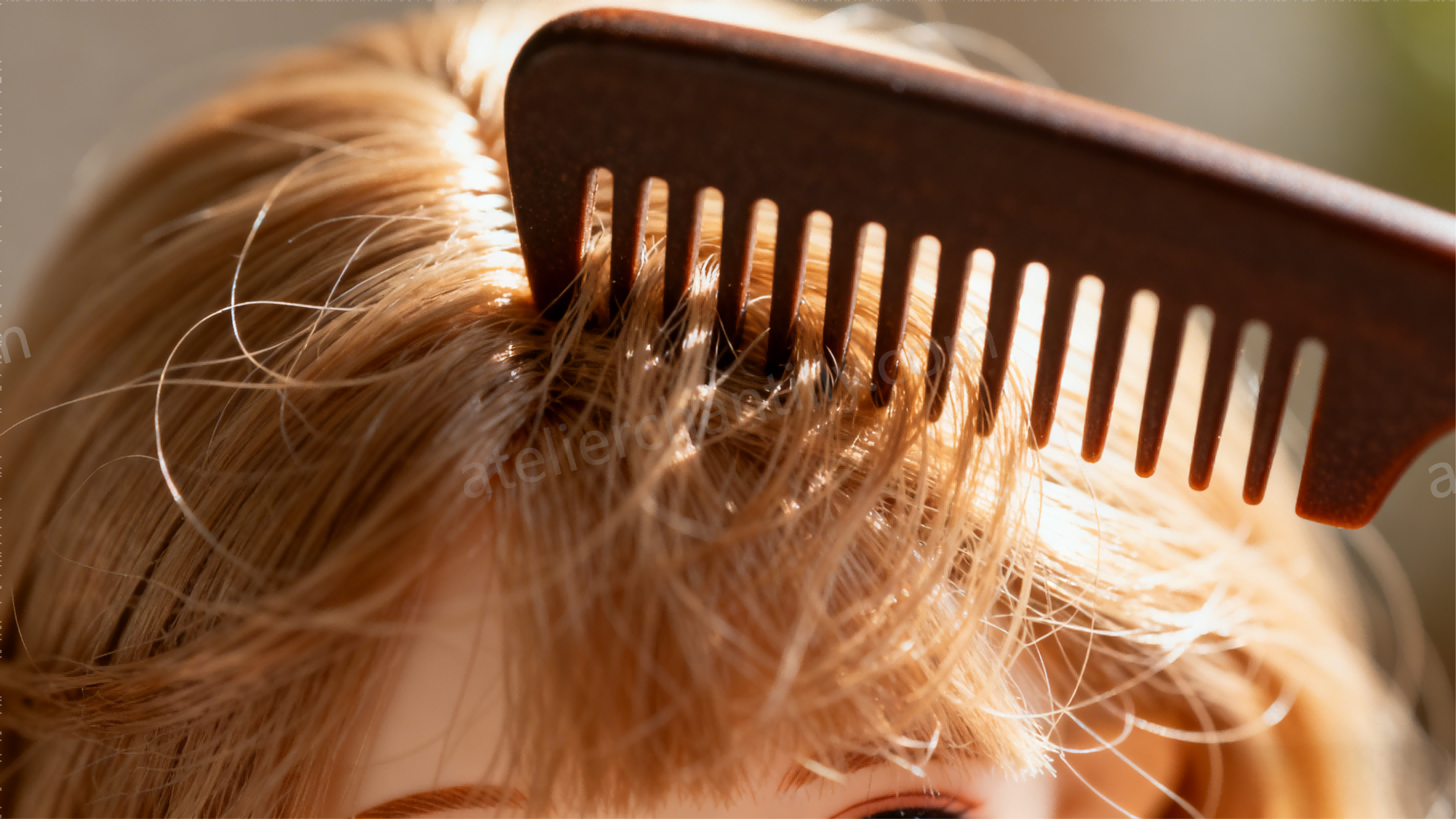 Detangling a BJD wig with a wide-tooth comb