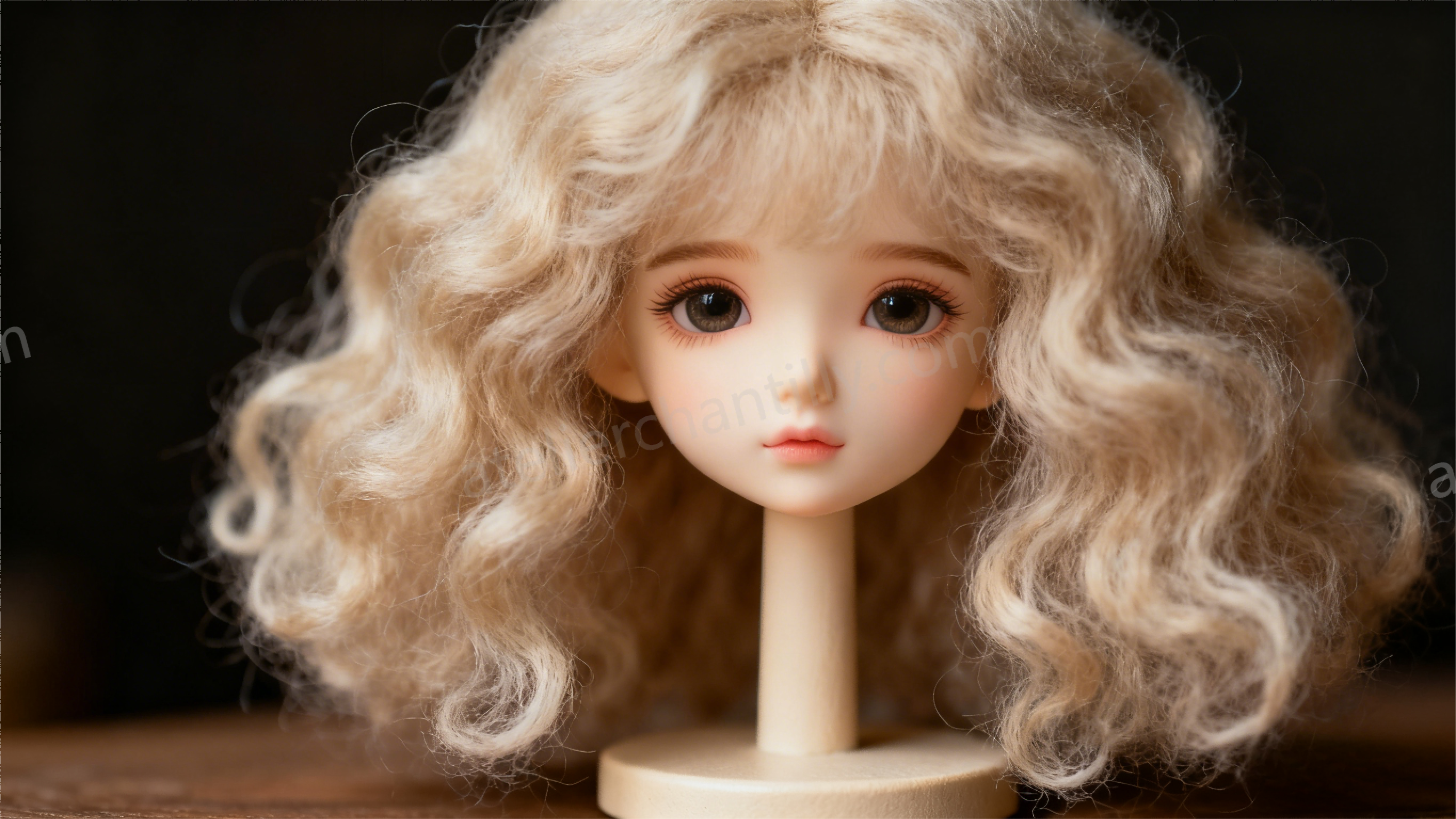 Close-up of fluffy natural mohair BJD wig on a stand