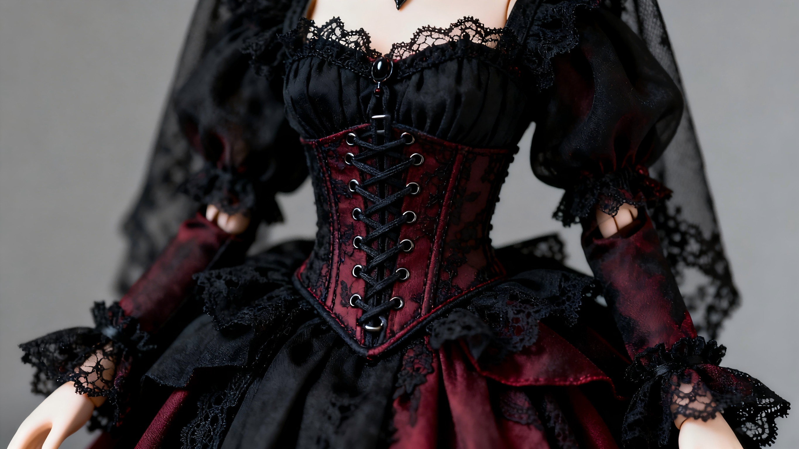 Layered gothic BJD outfit with dark fabrics and corset details