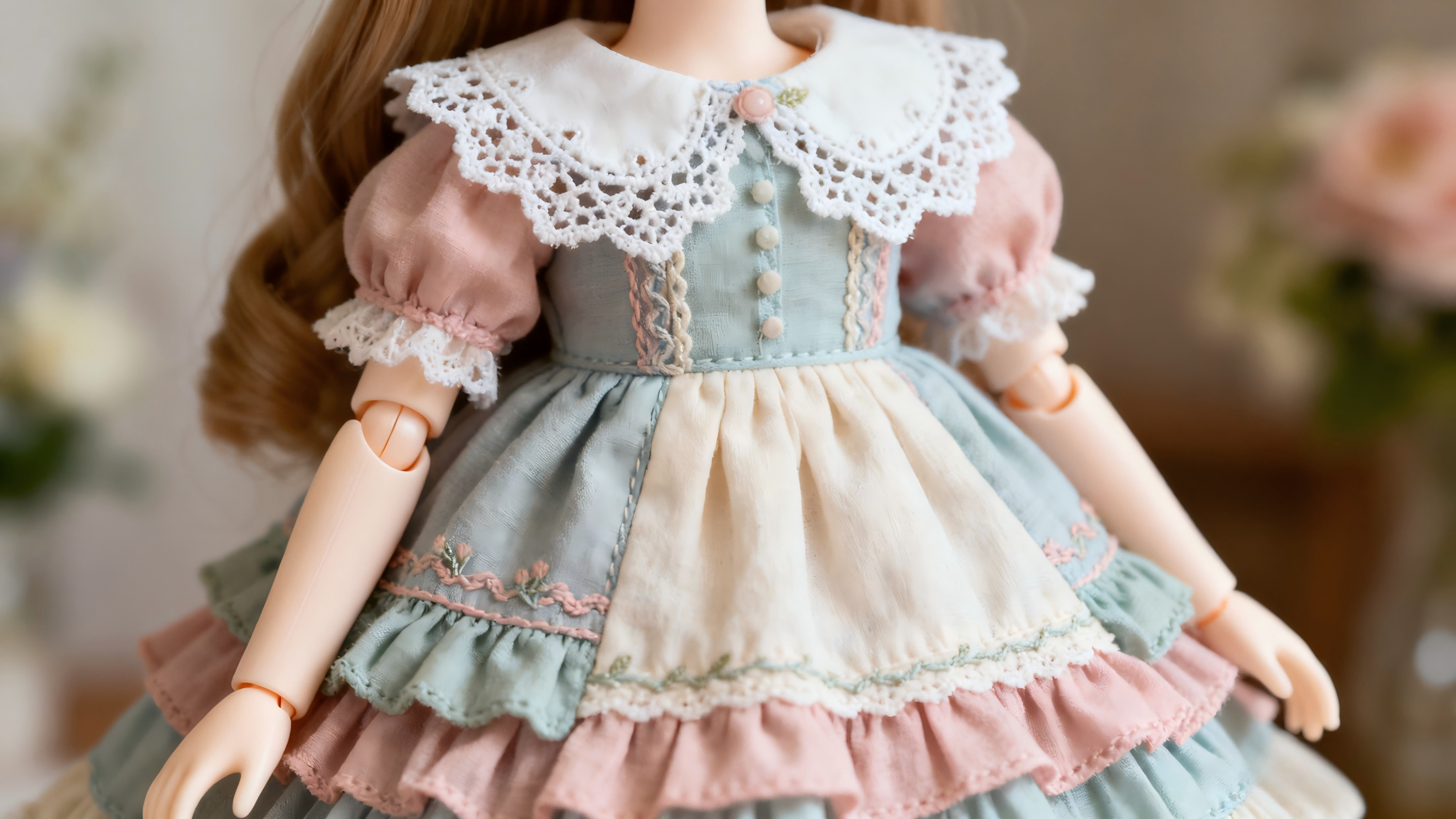 Handmade Lolita style BJD dress with layered skirt and lace details