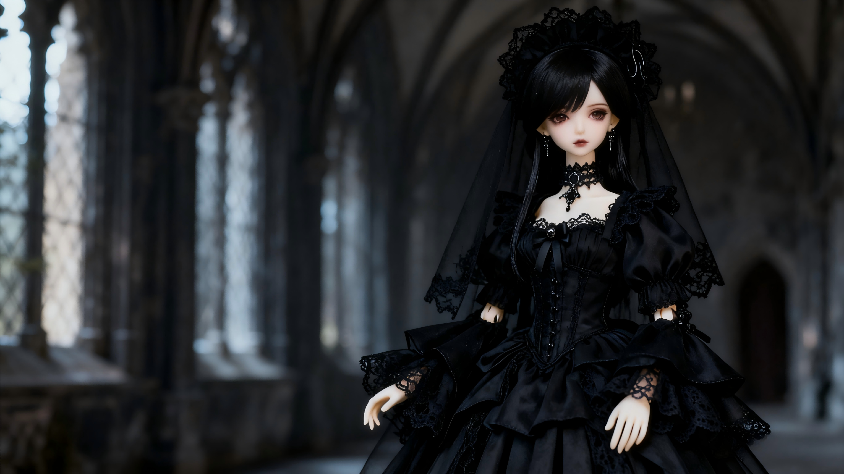 Dark gothic BJD outfit with layered fabrics and lace details