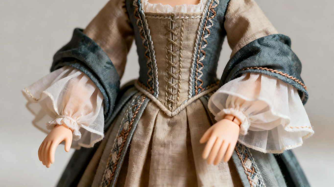 Handcrafted historical BJD outfit with traditional fabric details