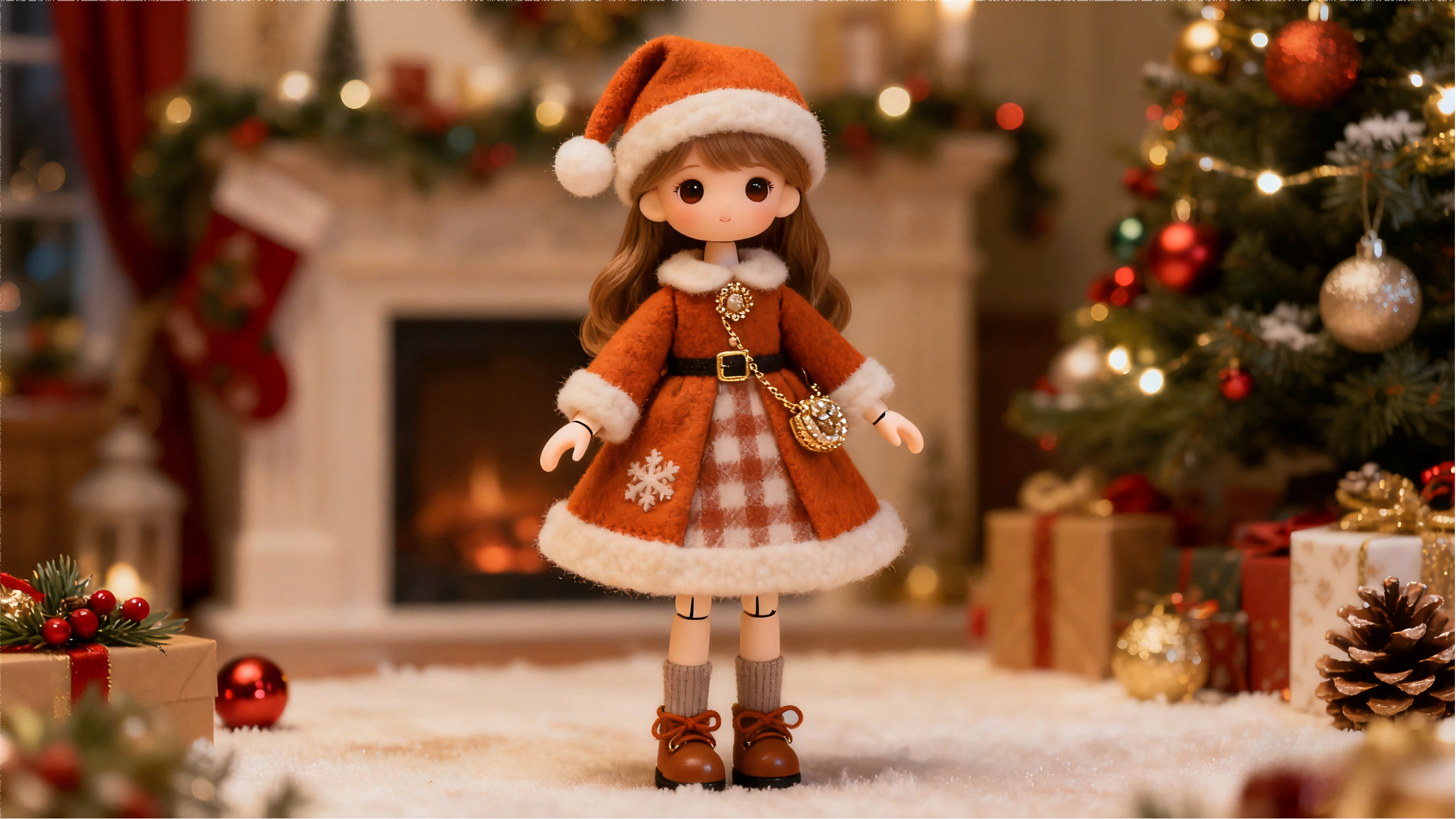 Holiday themed BJD outfit styled for seasonal display