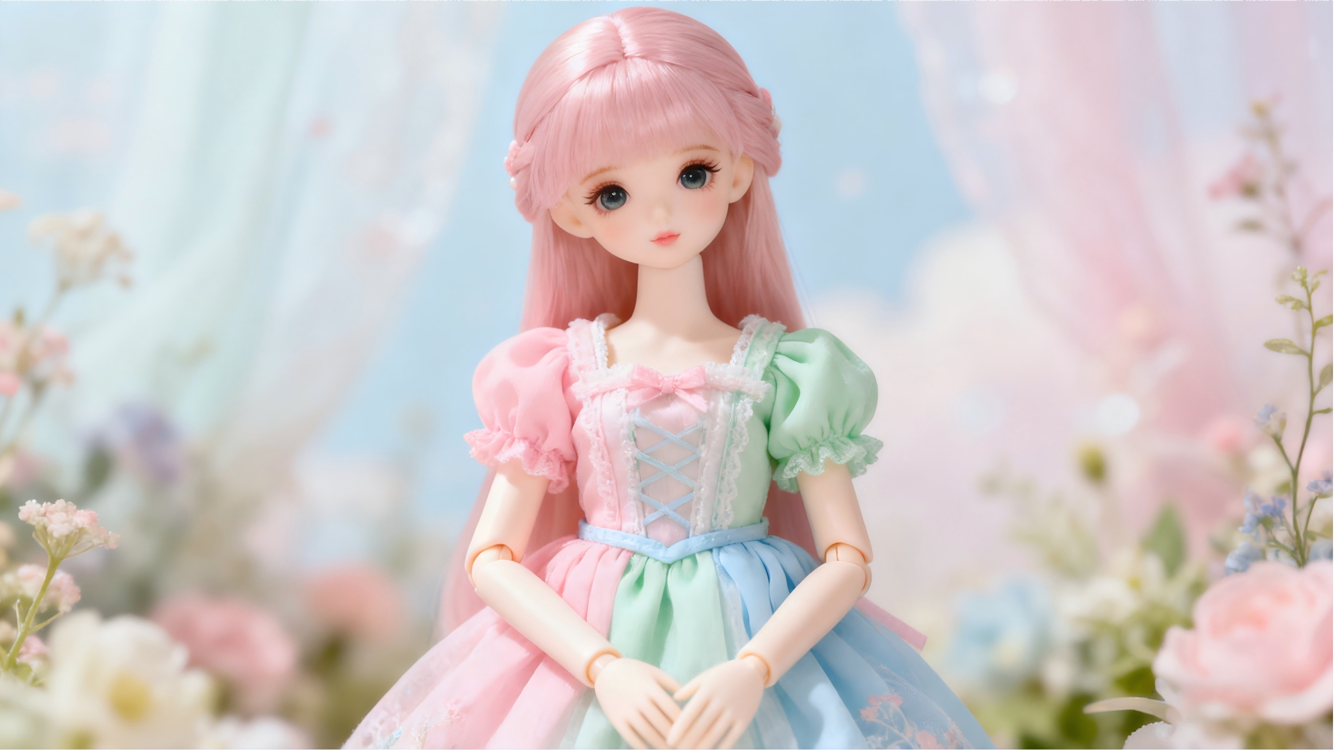 BJD doll in pastel colored outfit with soft and dreamy fashion style