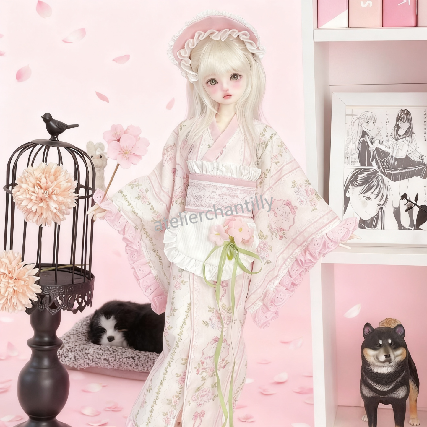 Cute Pink Floral Kimono BJD Doll Outfit with Exquisite Details for 1/4 Scale Dolls --A01-Atelier Chantilly