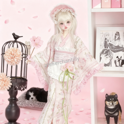 Cute Pink Floral Kimono BJD Doll Outfit with Exquisite Details for 1/4 Scale Dolls --A01-Atelier Chantilly