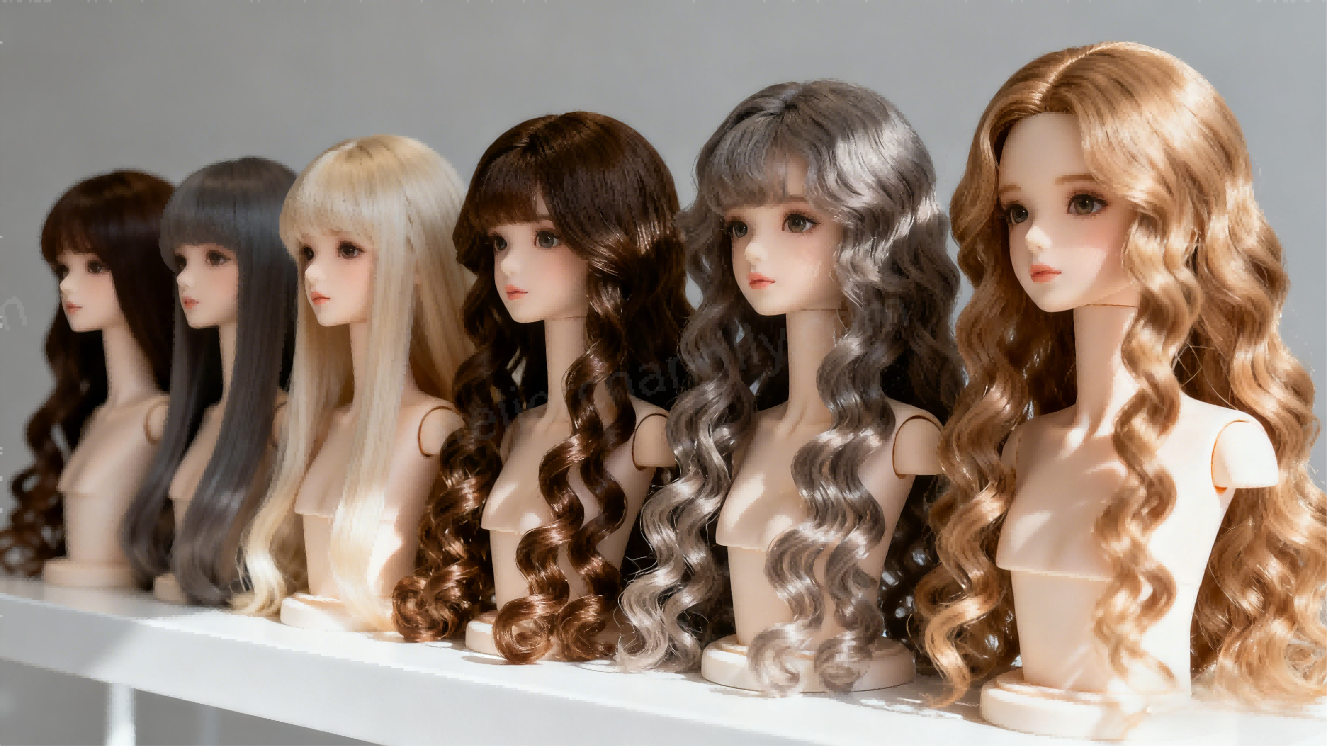 Various BJD wigs organized by color, length, and texture