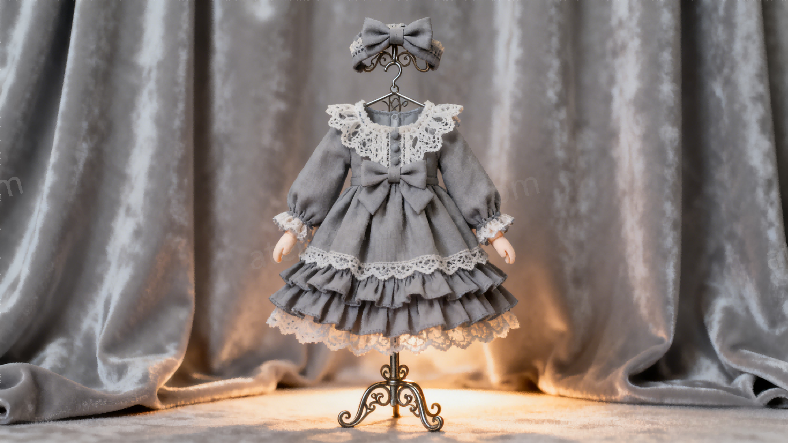 Coordinated BJD outfits displayed in matching color themes