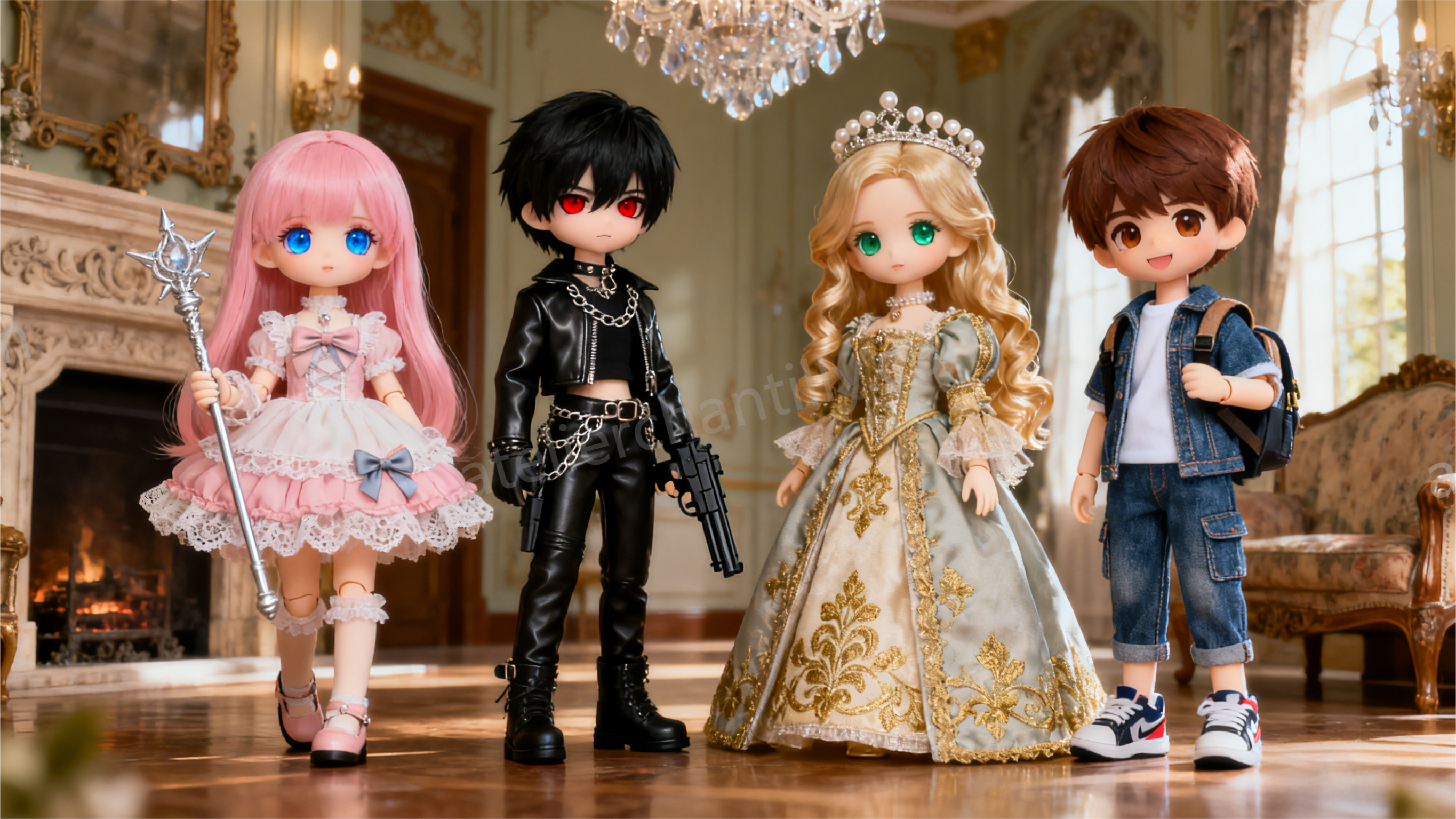 Group of BJD dolls posed with unique outfits and character personalities
