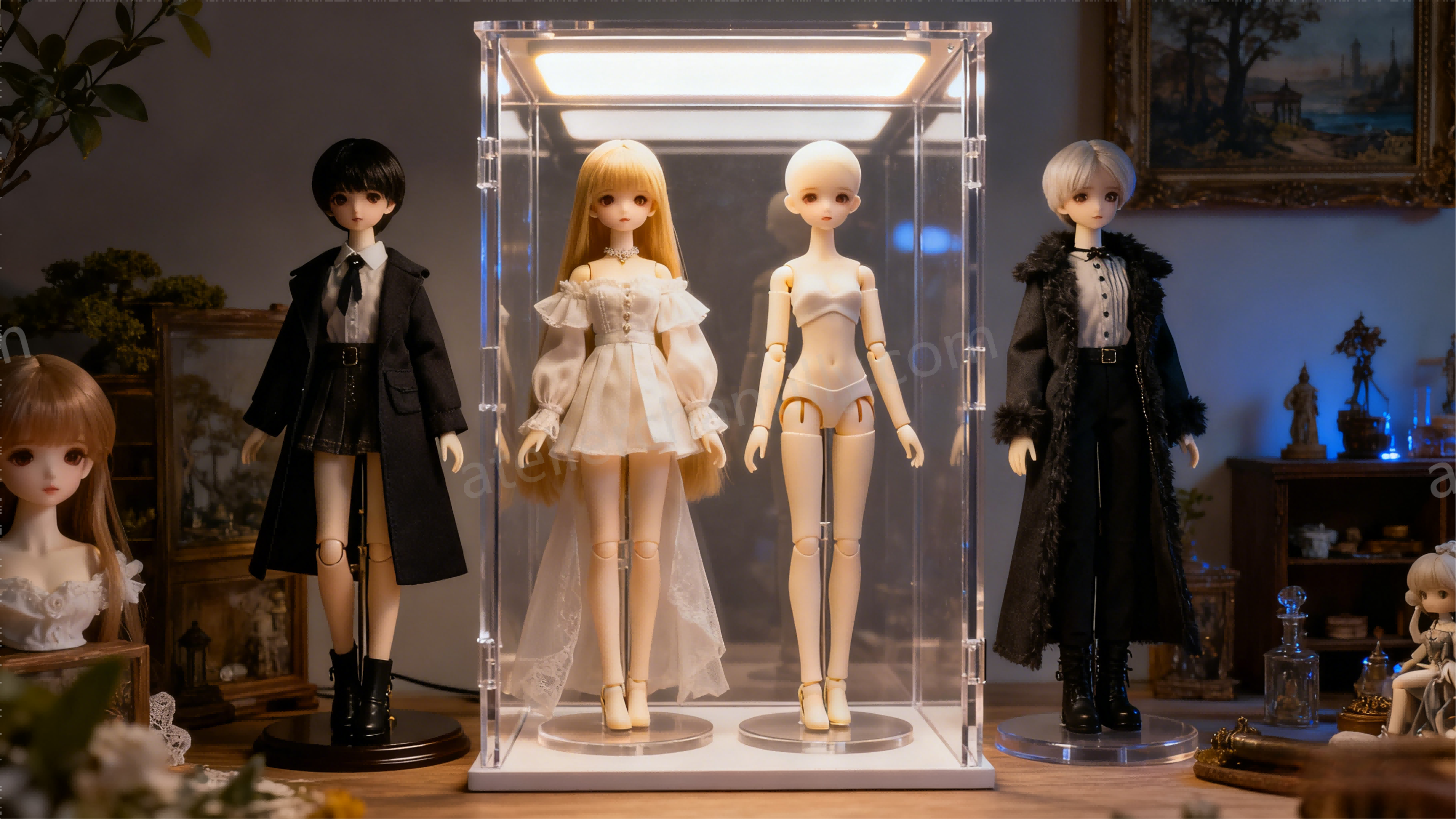 BJD dolls displayed in shelves with LED lighting and acrylic cases