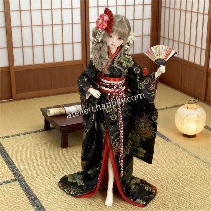 Luxurious Black Floral Kimono BJD Doll Outfit, Perfect for 1/4 Scale Dolls, Exquisite Details --A02-Atelier Chantilly