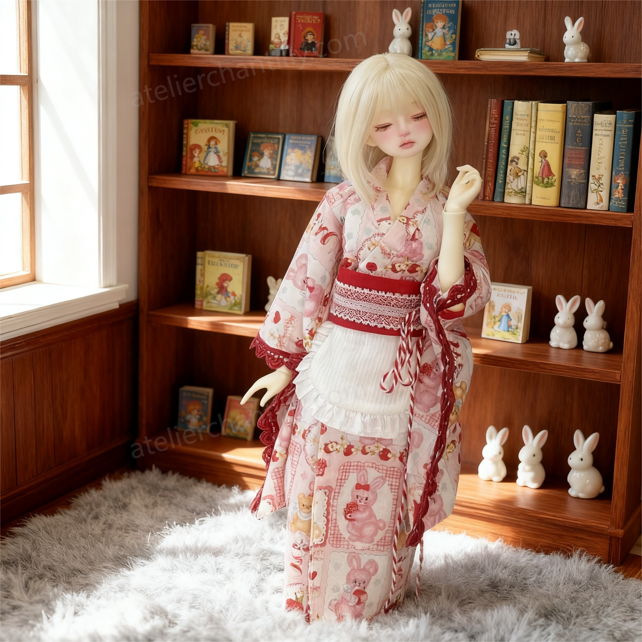 Cute Pink Bunny Print Kimono BJD Doll Outfit, Perfect for 1/4 Scale Dolls, Exquisite Details --A03-Atelier Chantilly