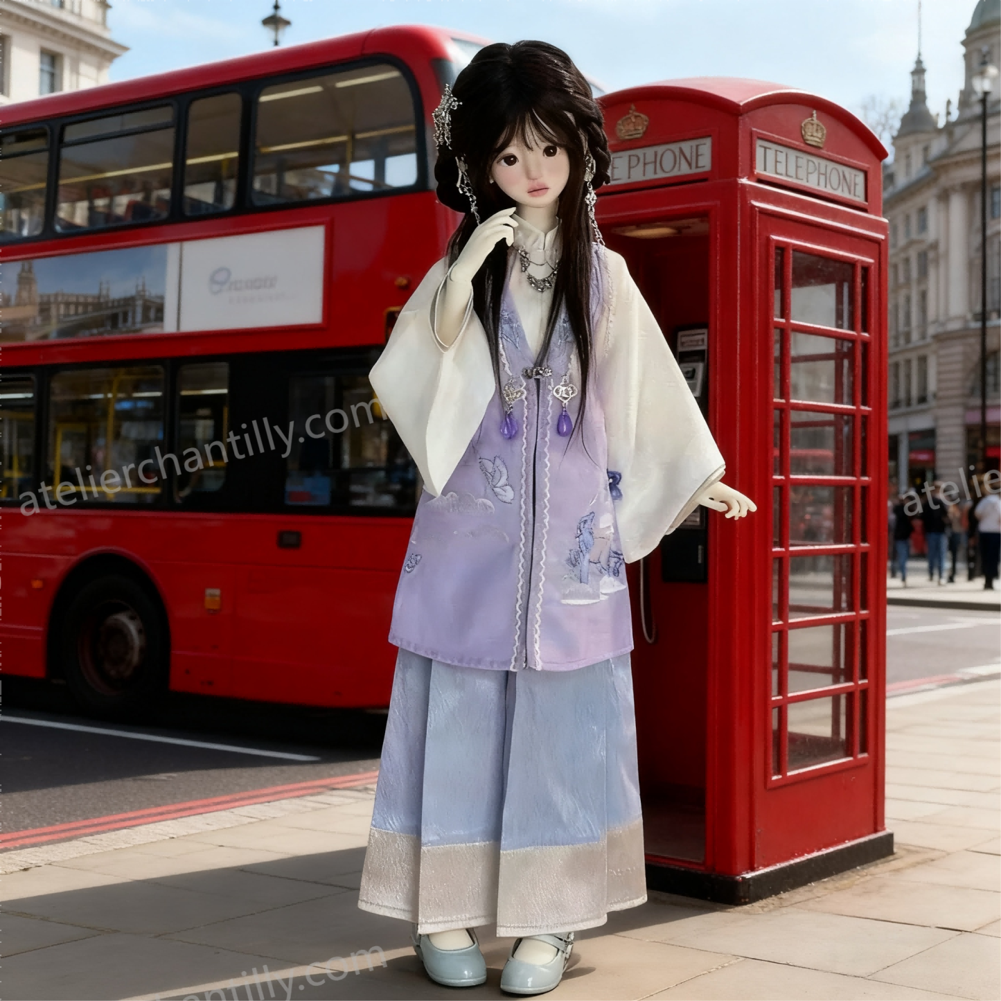 1/4 BJD doll wearing oriental hanfu by a London red phone booth - Atelier Chantilly