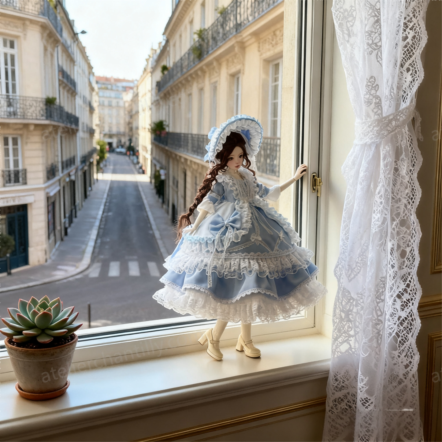 1/4 BJD doll wearing powder blue Lolita dress by a Parisian windowsill - Atelier Chantilly