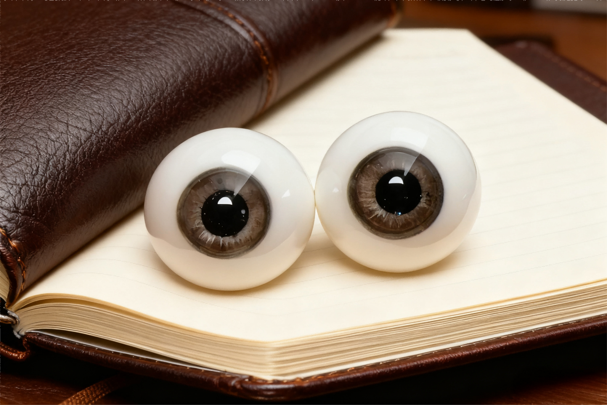 Realistic brown glass eyes for 1/3 BJD dolls placed on a leather notebook - Atelier Chantilly