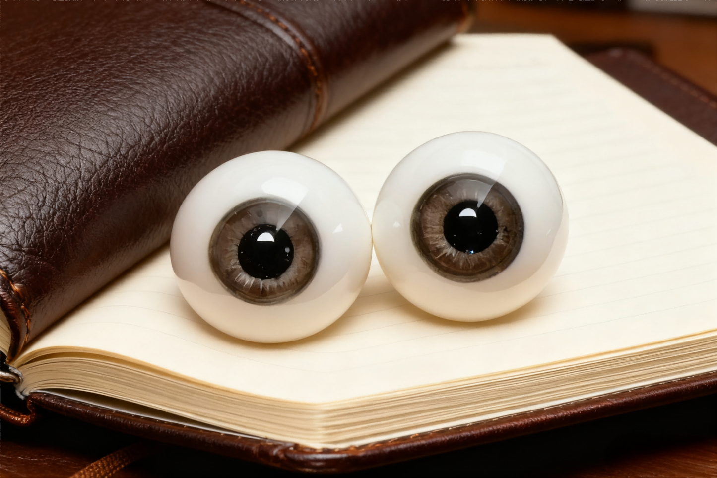 Realistic brown glass eyes for 1/3 BJD dolls placed on a leather notebook - Atelier Chantilly