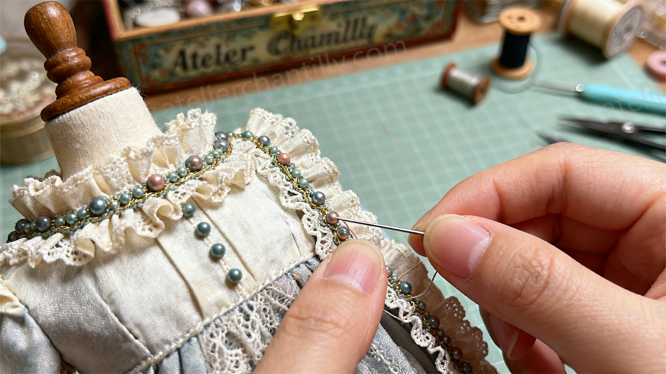 artisanal hand-sewing for custom BJD outfits - Atelier Chantilly miniature embroidery craftsmanship